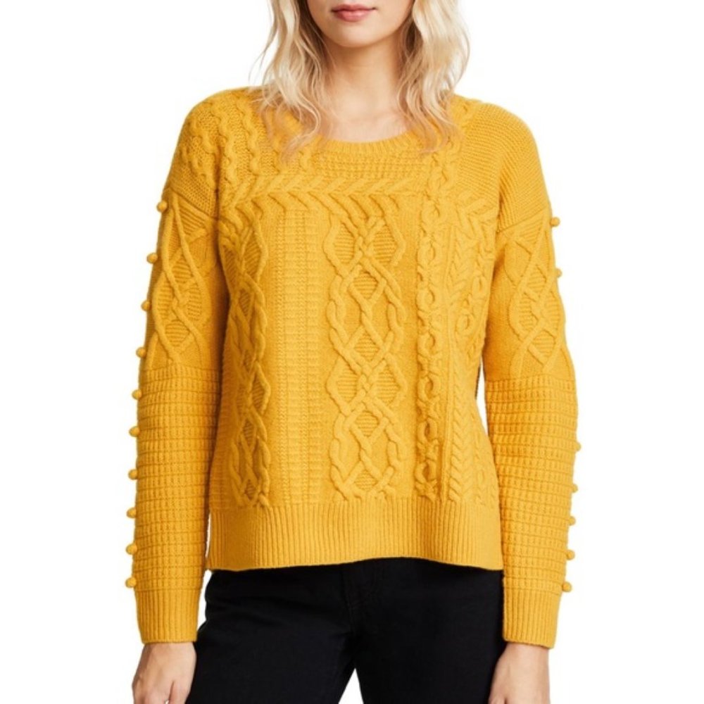 Madewell Merino Wool mustard yellow pullover sweater bobble open side Sz M crew